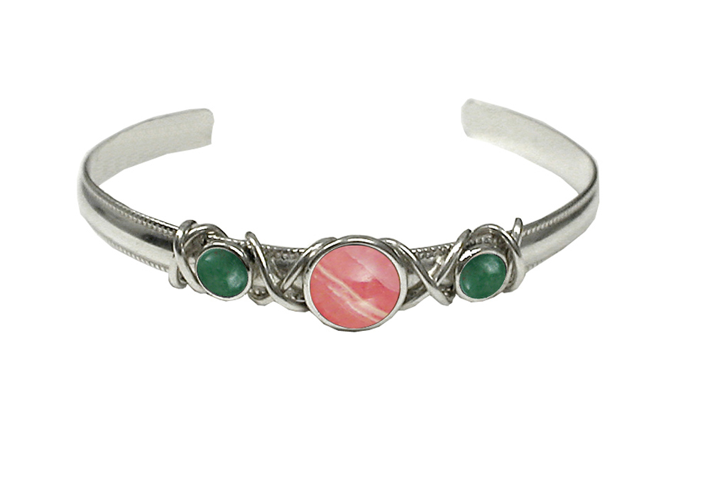 Sterling Silver Hand Made Cuff Bracelet With Rhodocrosite And Jade